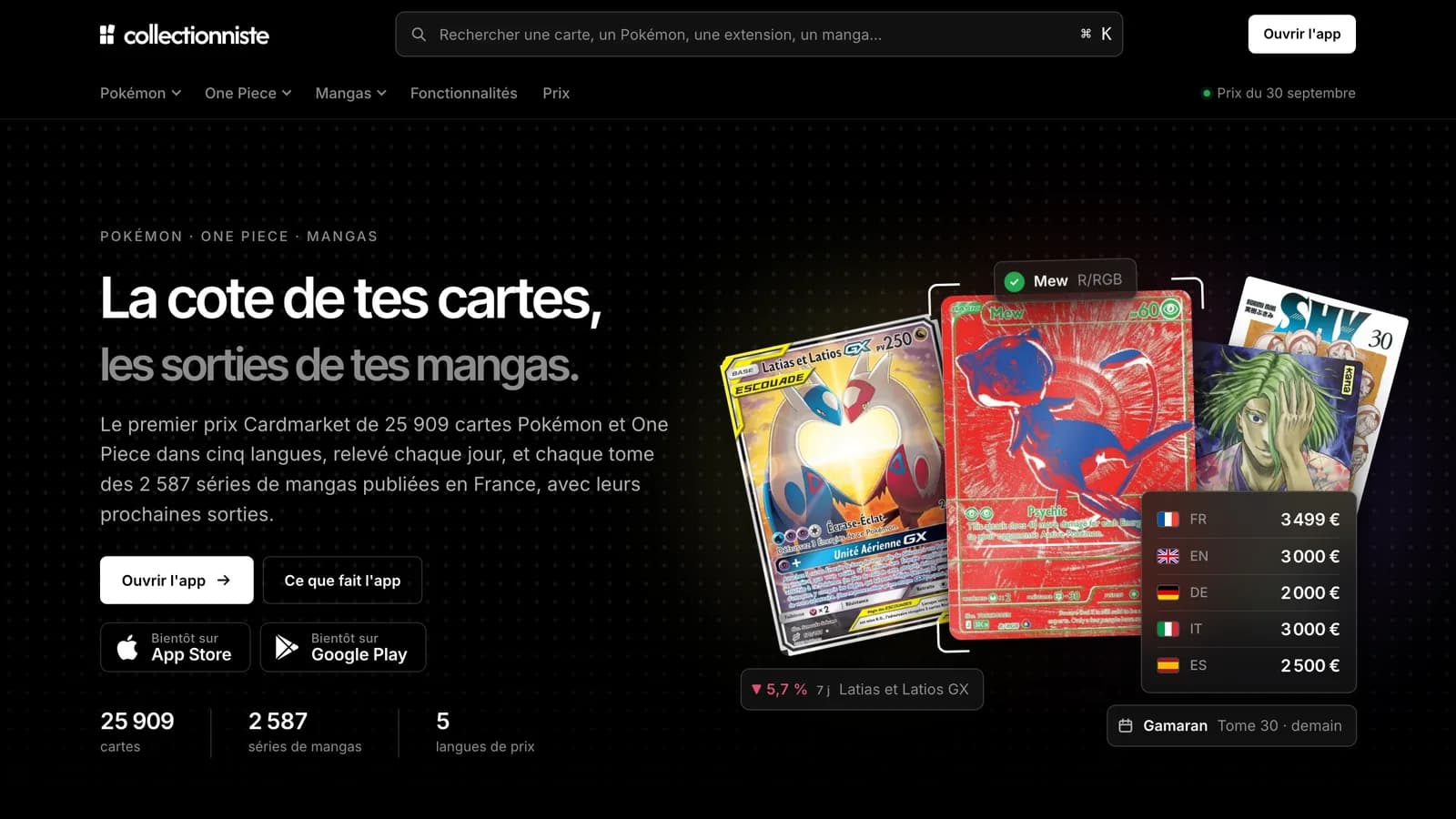 Page d'accueil de Collectionniste avec la cote d'une carte Pokémon Mew dans cinq langues